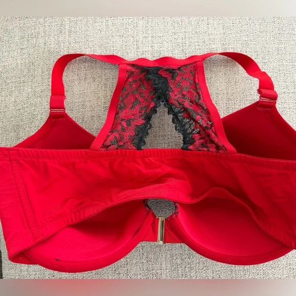 Cacique Boost Plunge Front Close Racerback Bra Red with Black Lace Accents 42DDD - Picture 5 of 10